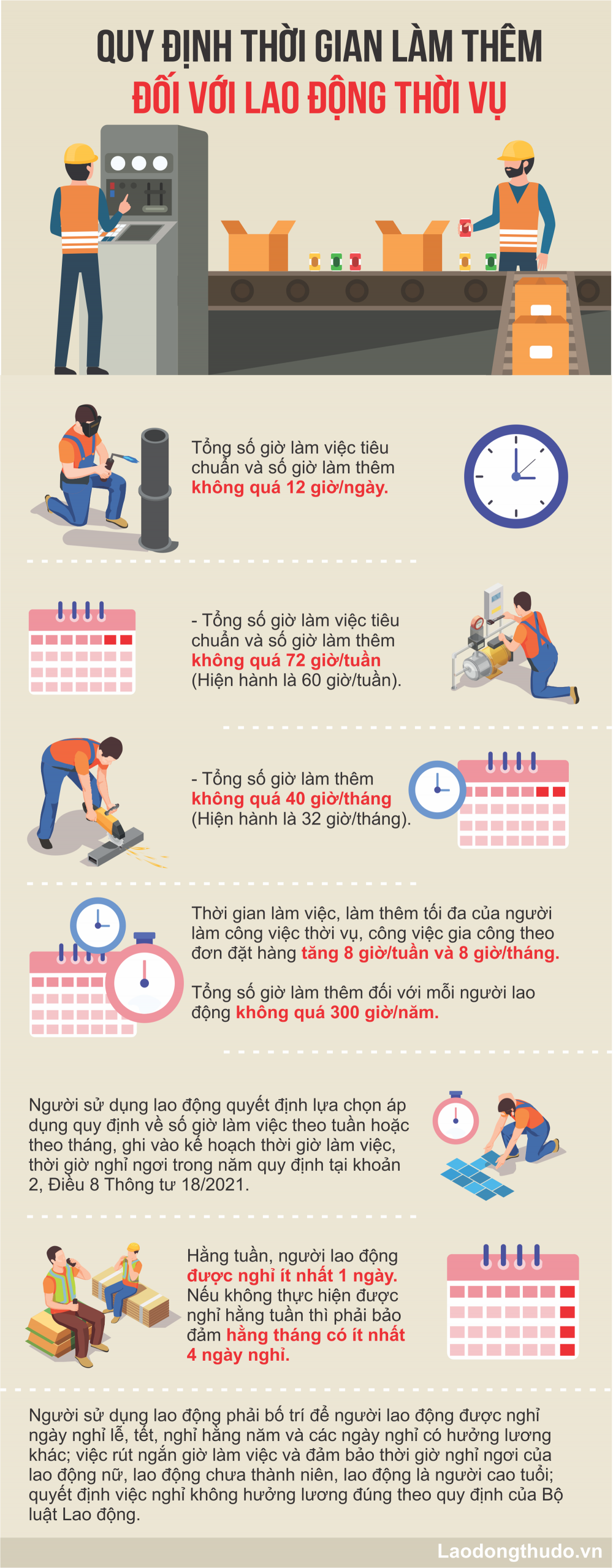 Infographic: Quy định thời gian làm thêm đối với lao động thời vụ